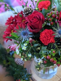 Mixed Christmas Flower Bouquet with Red Roses and Thistle Available for local delivery in Cheadle and Stockport